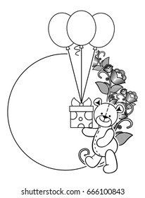 Black and white frame with Teddy bear plush toy. Vector clip art.