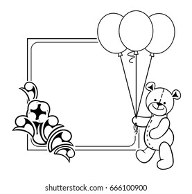 Black and white frame with Teddy bear plush toy. Vector clip art.