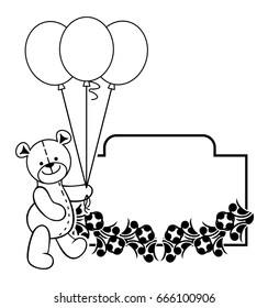 Black and white frame with Teddy bear plush toy. Vector clip art.