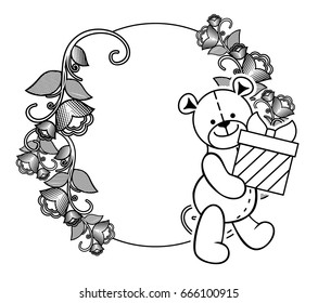 Black and white frame with Teddy bear plush toy. Vector clip art.