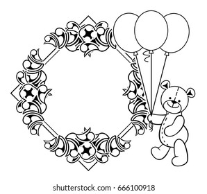 Black and white frame with Teddy bear plush toy. Vector clip art.
