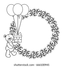 Black and white frame with Teddy bear plush toy. Vector clip art.