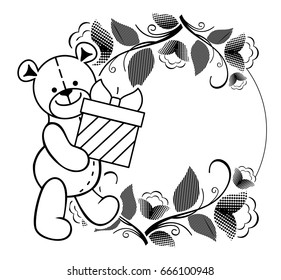 Black and white frame with Teddy bear plush toy. Vector clip art.
