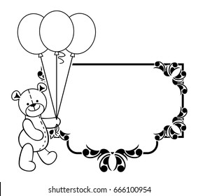 Black and white frame with Teddy bear plush toy. Vector clip art.