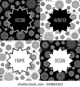 Black and white frames set with snowflakes. Vector illustration