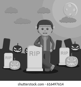 black and white frankenstein standing beside tombstone black and white style