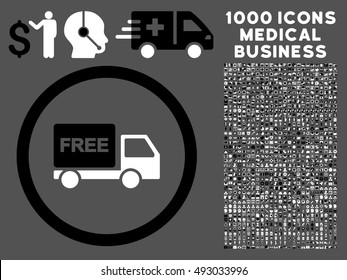 Black And White Free Delivery vector bicolor rounded icon. Image style is a flat icon symbol inside a circle, gray background. Bonus clip art contains 1000 medicine business pictographs.