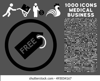 Black And White Free Tag vector bicolor rounded icon. Image style is a flat icon symbol inside a circle, gray background. Bonus clipart includes 1000 healthcare business elements.