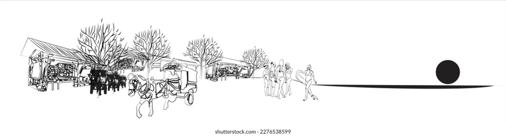 Black and white freehand doodle beach scene on lombok island. There are Cidomo, stalls and a group of women in bikinis. Cidomo is the local language of a horse-drawn carriage