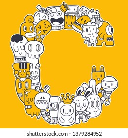 Black and white freehand drawing cartoon capital letter C with cute monster doodle pattern illustration. Vector element for Children coloring book or t-shirts.
