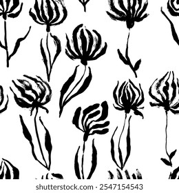 Black and White Freehand Iris Flower Dry Brush Seamless Pattern