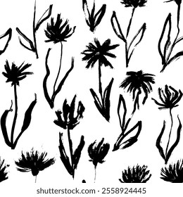 Black and White Freehand Iris Flower Dry Brush Seamless Pattern