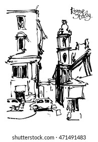 black and white freehand sketch drawing of Rome Italy landscape, pleinair artwork vector illustration