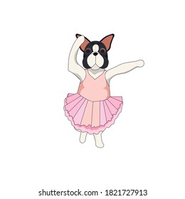 Black and white French bulldog in a romantic tutu on white isolated background made as vector illustration for prints, stickers, postcards or using as icons, patterns for social networks or websites.