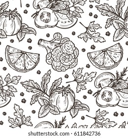 Black and white Fresh Vegetables Seamless pattern. Hand drawn Sketch Vegetables and Fruits with Herbs and Spices. Healthy product. Vegan Food. Vector Illustration