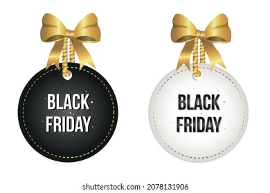Black and white Friday 3D Black Tag Design Elements set with Satin Golden Ribbon Bow. Isolated Vector Label Illustration. Black Friday Big Sale. Realistic Stylish and Elegant  Price Tags.