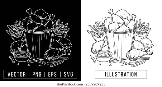Black and White Fried Chicken Bucket Vector Illustration - Food Clipart