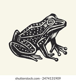 Black and white frog illustration in vintage style, sitting and looking aside.