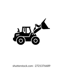 Black and white front end loader icon representing construction machinery or heavy equipment
