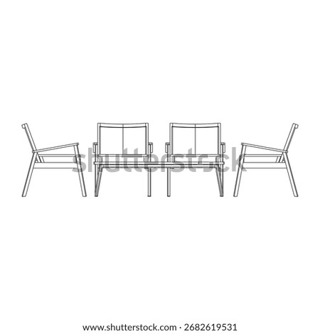 Black and white front view of living room set with four sofas, two on each side of a rectangular table.