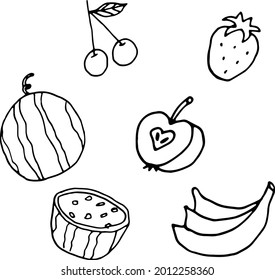black and white fruit doodles set