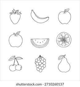 Black and White Fruit Icon Set  9 Hand-Drawn Line Illustrations