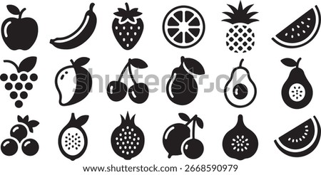 Black and White Fruit Icons Apple Banana Strawberry Orange Pineapple Watermelon Grapes Mango Cherries Pear Avocado