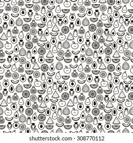 Black and white fruit icons vector seamless pattern.