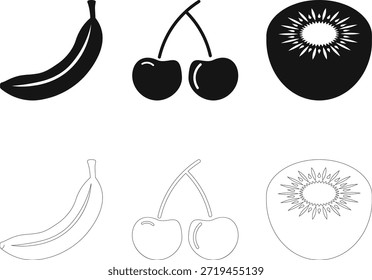 Ilustración de frutas en blanco y negro Una ilustración en blanco y negro visualmente llamativa de frutas variadas