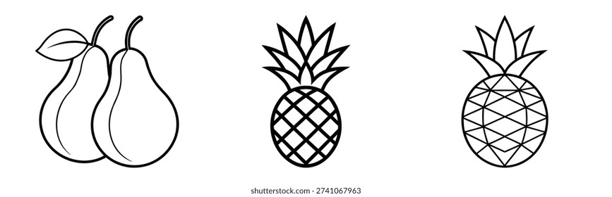 Black and White Fruit Line Art for Coloring Pages - Pears and Pineapples, Simple Illustration for Children's Activities