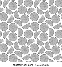 Black and white fruit seamless pattern with geometric lemons for coloring books, pages. 