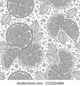 Black and white fruit seamless pattern with geometric lemons for coloring books, pages. 