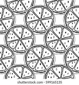 Black and white fruit seamless pattern with lemons for coloring books, pages.