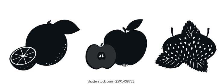 Black and white fruit silhouettes featuring orange, apple, and strawberry in a minimal vector design