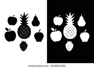 Black and white fruit silhouettes and outlines including apples, pineapple, pear, and strawberry