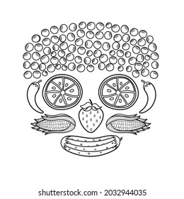 Black and white fruit and vegetable face. Funny healthy coloring page with oranges instead of eyes, cucumber instead of mouth, strawberry instead of nose. Cute vegan print. Vector illustration