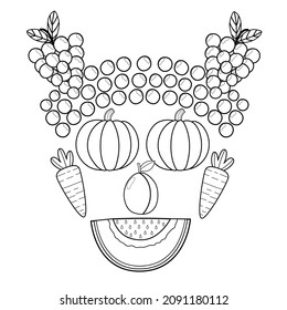 La cara de frutas y verduras es blanca y negra. Divertida página de color saludable con calabaza en lugar de ojos, cantaloupe en lugar de boca, ciruela en lugar de nariz, zanahoria en lugar de orejas. Ilustración del vector