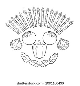 Black and white fruit and vegetable face. Funny healthy colouring page head with blueberries instead of eyes, chard leaves instead of a mouth, pepper instead of a nose, garlic instead of ears. 