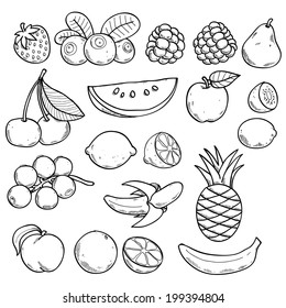 Black and white fruits and berries in hand drawn sketch style.