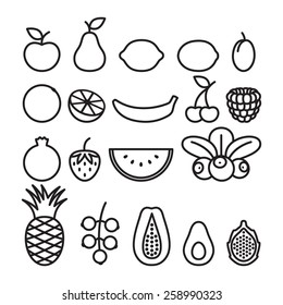 Black and white fruits and berries in line art style. Outline icons set.