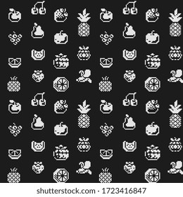 Black and white fruits seamless pattern, fabric textures, pixel art 1-bit style, isolated vector illustration. Game assets. Element design for knitting, logo, embroidery.