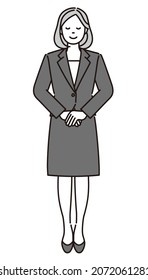 A black and white full body illustration of a businesswoman standing politely with his hands folded.It is vector data that is easy to edit.
