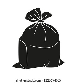 Black and white full trash bag silhouette. Garbage ecoloogic recycle. Waste disposal themed vector illustration for icon, logo, stamp, label, emblem, certificate,  brochure or banner decoration