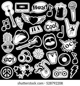 Black And White Fun Set Of Music Stickers, Icons, Emoji, Pins Or Patches In Cartoon 80s-90s Comic Style. 