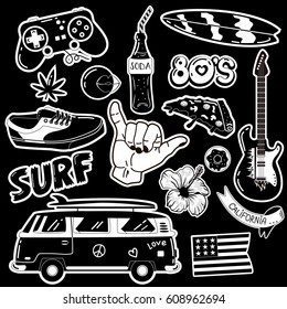 Black and white fun set of Pop art fashion patches,pins, badges. Hipster American Punk rock Fashionable Stickers Collection. Doodle Pop art Sketch.Set of Vintage Surfing Graphics.Hand Drawn Vector.