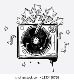 Black and white funky drawn turntable musical design