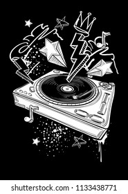 Black and white funky drawn turntable musical design