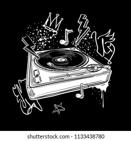 Black and white funky drawn turntable musical design