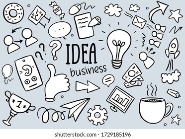 black and white funny cartoon doodle idea background with bulb, like, mouse, like, money, computer, letter, coffee and others