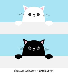 Black white funny cat head face hanging on paper board template. Kitten body with paw print. Cute cartoon character set. Kawaii animal. Baby card. Pet collection. Flat design. Blue background. Vector